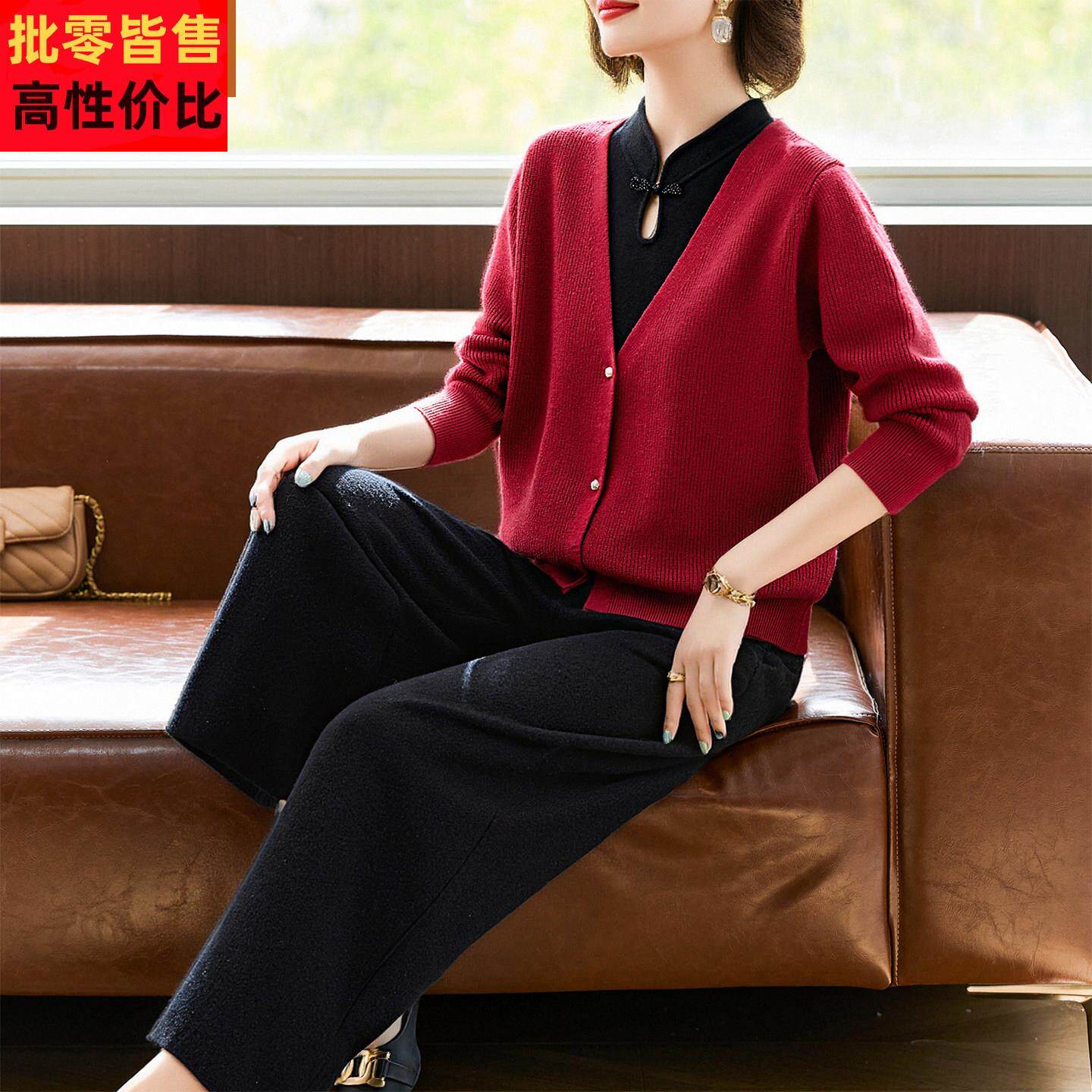妈妈休闲针织红色上衣中年女装秋装打底衫中老年春秋新款洋气套装