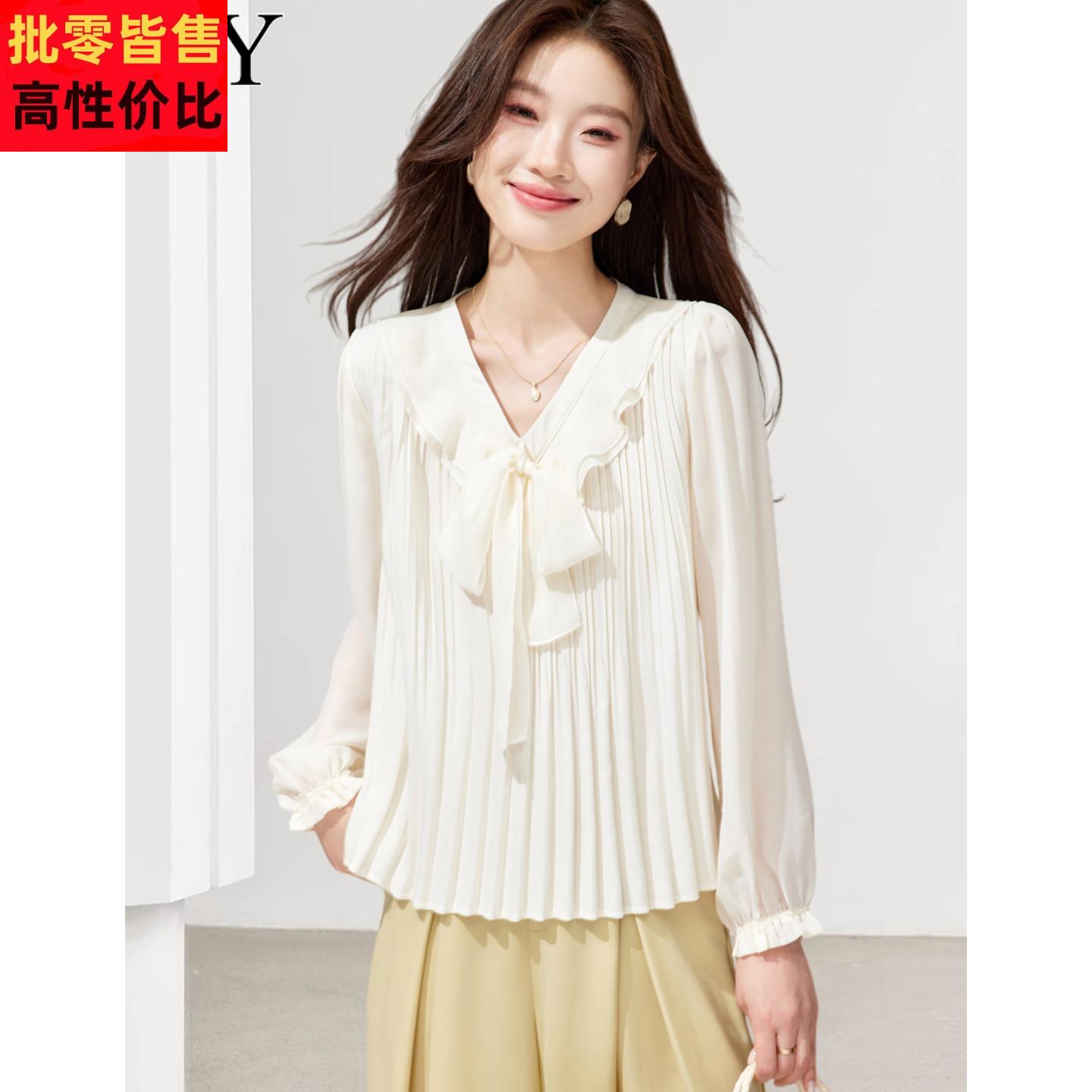 春装女神范雪纺系带V领荷叶边法式漂亮衬衫2026新款优雅轻熟上衣
