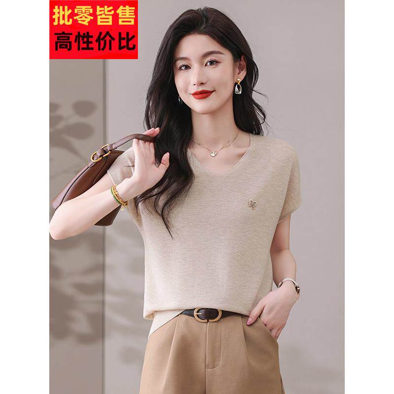 2025新款短袖冰丝t恤圆领针织衫女夏短款宽松洋气显瘦桑蚕丝上衣