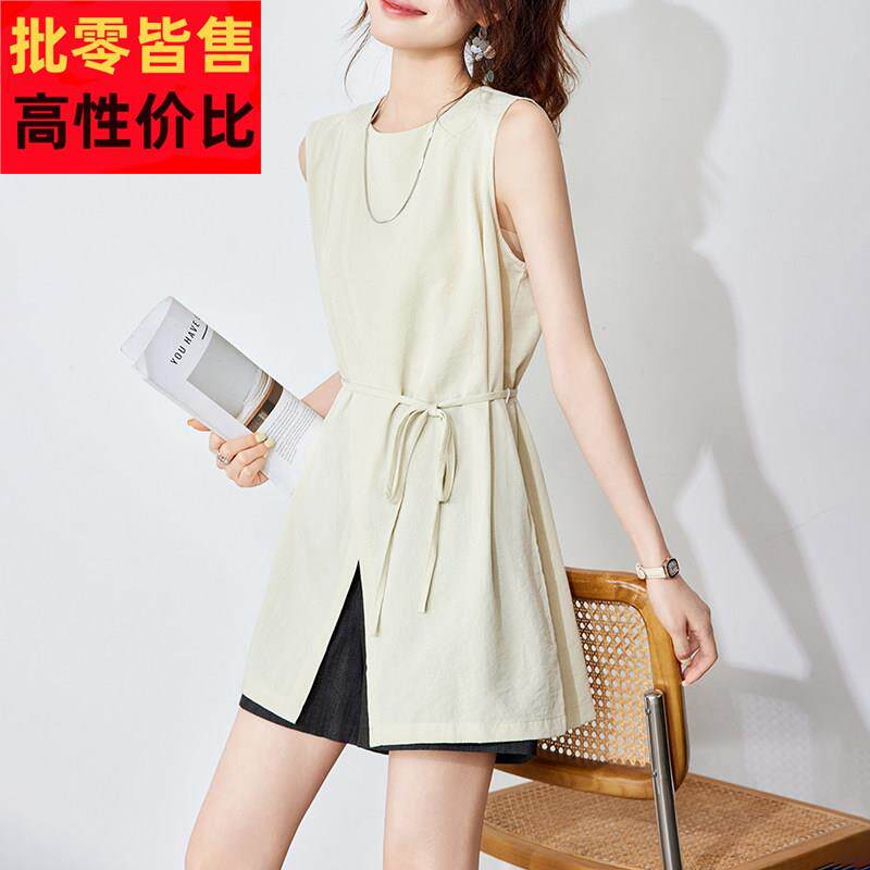 2025夏季新款设计感前开叉绑带收腰圆领无袖T恤时尚中长款上衣女