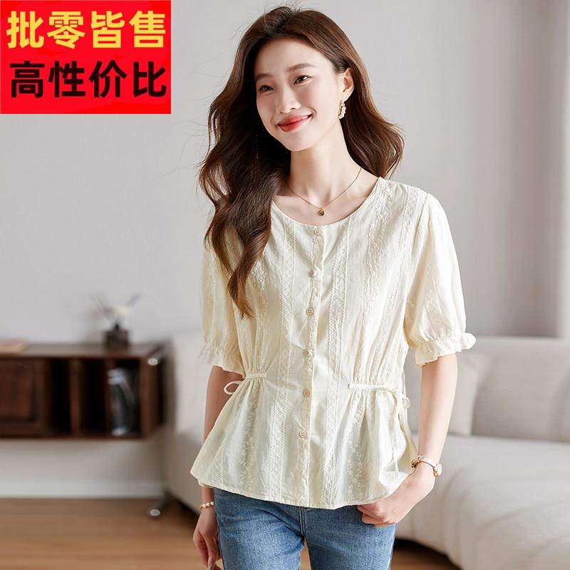夏装女装2025新款纯棉短袖女上衣夏季薄款轻奢高级感腰部抽褶衬衫