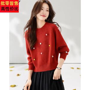 2026早春新款设计感小个子红色短款软糯毛衣减龄宽松针织上衣女装