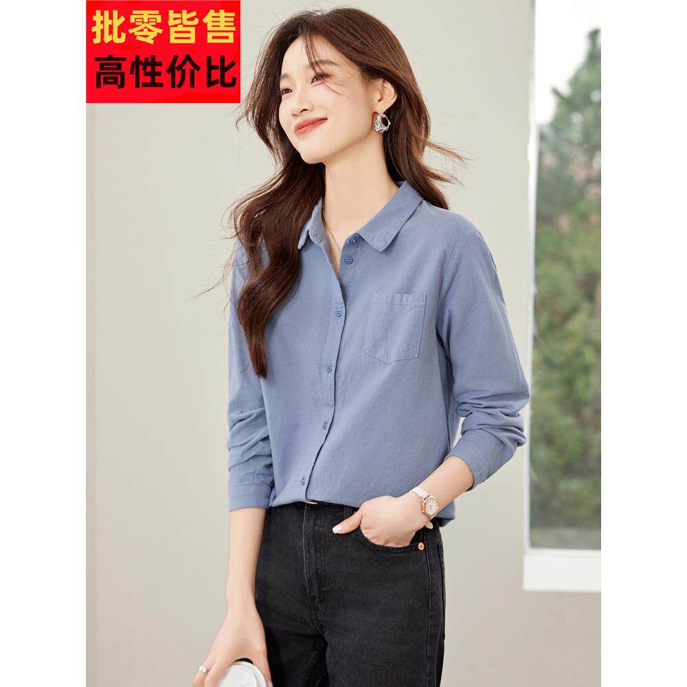 蓝色棉质女式衬衫2025新热风格春季优雅宽松长袖休闲衬衫上衣