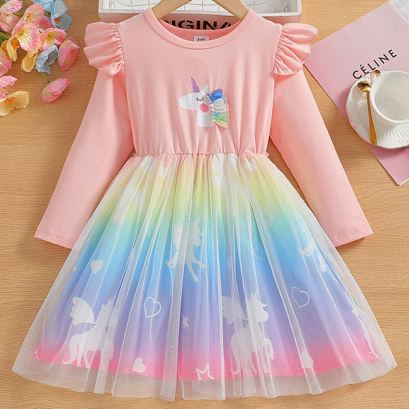 2025夏季新款女童卡通小马独角兽短袖连衣裙儿童棉质网纱蓬蓬纱裙