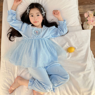 2026春秋新款女童莎莎公主睡衣纯棉套装冰雪蓝色蓬蓬网纱裙两件套