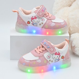 2025春秋新款儿童卡通KT猫运动闪灯鞋女童发光鞋宝宝板鞋软底单鞋