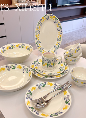 馨舒家法式花卉陶瓷餐具套装釉下彩手绘陶瓷餐具家用饭碗菜盘鱼盘
