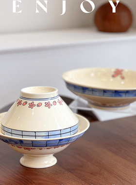 日式手绘釉下彩泡面碗家用汤碗盖碗沙拉碗高脚水果碗乔迁餐具碗