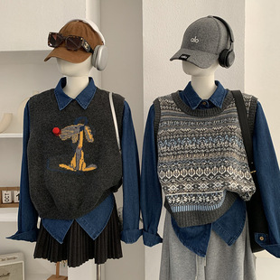 针织背心两件套 欧玛莱 叠搭圆领无袖 牛仔衬衫 6016 翻领单排扣长袖