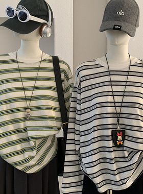 欧玛莱 圆领撞色条纹长袖宽松T恤春季韩系休闲中长款百搭上衣6315