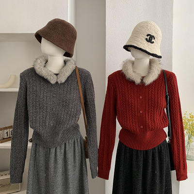 欧玛莱 可拆卸毛领针织衫女麻花修身显瘦长袖毛衣打底衫实拍 5926