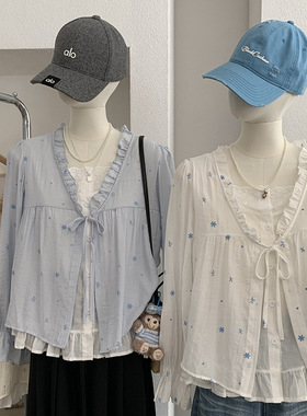 欧玛莱 假两件蝴蝶结系带长袖衬衣女春季木耳边碎花衬衫上衣 6675