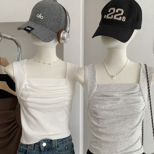 上衣 欧玛莱 简约内搭无袖 新款 6831 甜辣风方领褶皱打底背心女春季