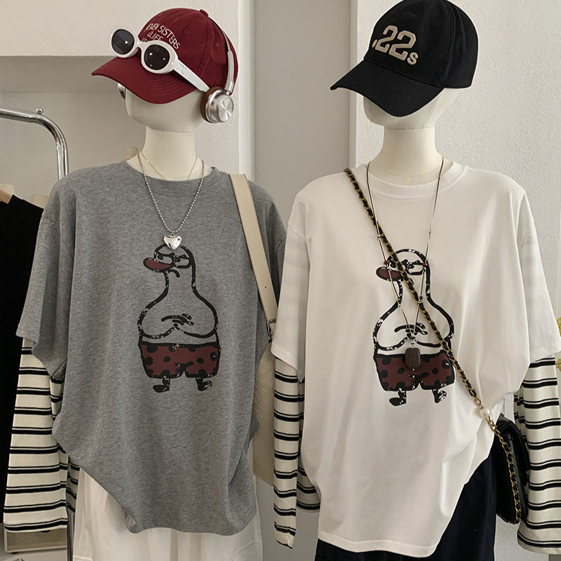 欧玛莱 假两件条纹拼接袖趣味卡通鸭子印花圆领长袖宽松T恤女6311,女装/女士精品,T恤,淘宝优惠券,粉丝福利购,淘宝优惠卷