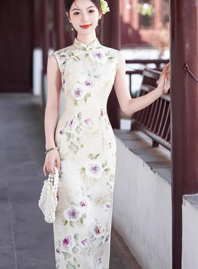 无袖国风气质舞蹈走秀表演订婚领证新娘敬酒结婚回门出阁提花旗袍