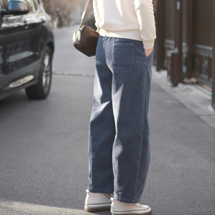 休闲宽松弛感 条绒宽腿裤 2026春秋甜味蓝纯棉条绒裤 子灯芯绒萝卜裤