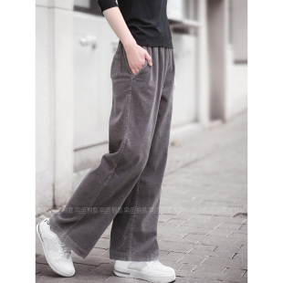 女 高腰松紧腰宽松显瘦休闲全棉条绒直筒裤 灯芯绒女裤 秋初春阔腿裤
