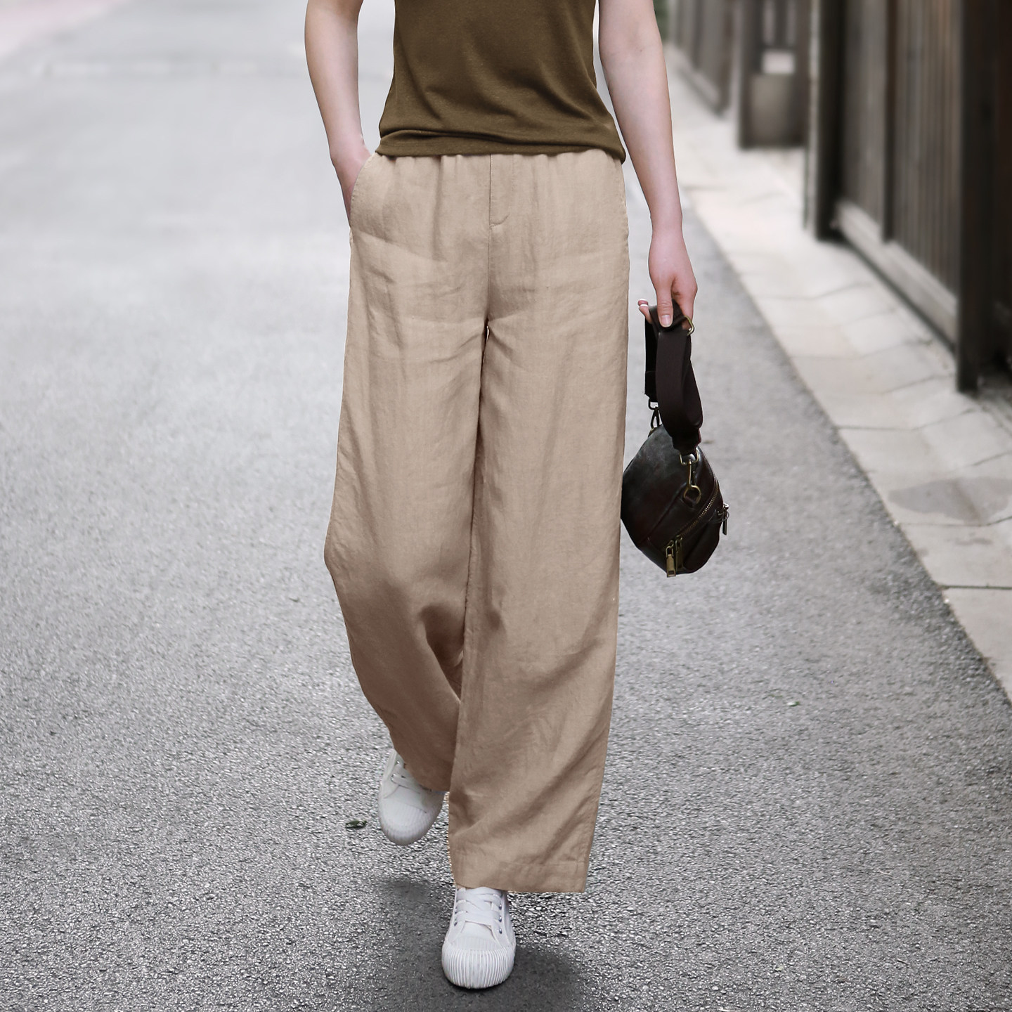 2026春季新款帛色舒适亚麻直筒裤女高腰复古长裤松紧腰休闲阔腿裤