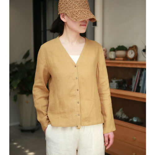 帛色春季亚麻长袖开衫女芥黄色