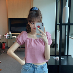 Real time Plaid square collar T-shirt 2021 summer new French clavicle machine bubble sleeve temperament jacket