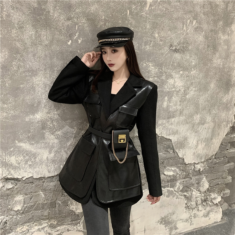Real photo 2021 spring new suit coat fake two pieces of PU leather stitched tweed coat + dual purpose waist bag