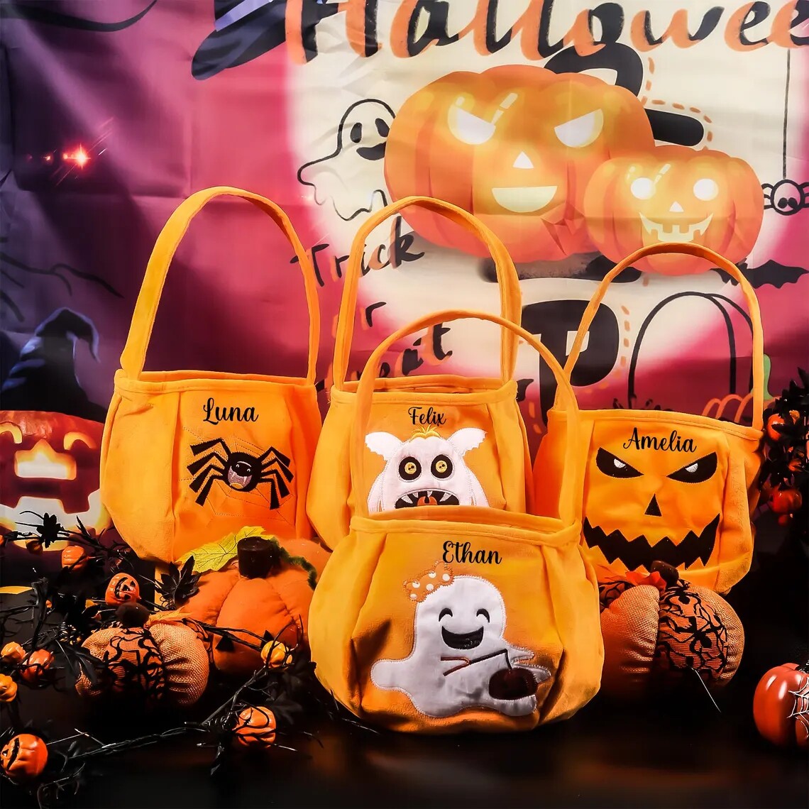 PersonalizedHalloweenBaskets定制名字万圣节篮子儿童礼物糖果袋