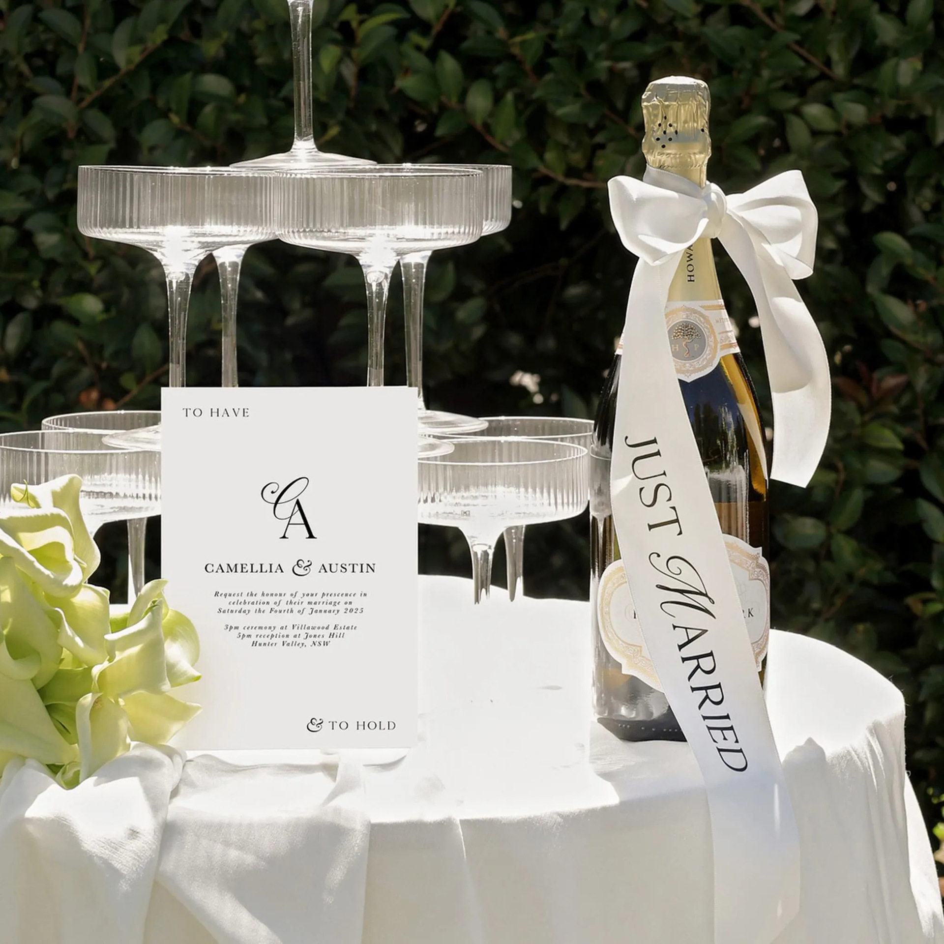 Just Married 装饰酒杯丝带香槟对杯配白色丝带婚礼布置装饰品