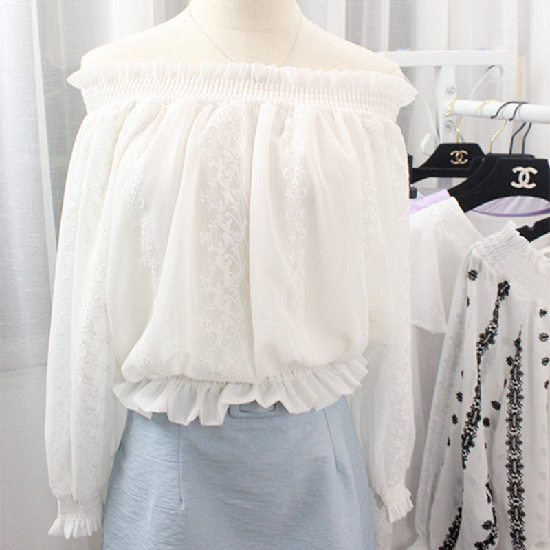 2018新款韓版甜美寬松壹字領露肩刺繡長袖雪紡衫女燈籠袖收腰上衣在類目 女裝/女士精品, 蕾絲衫/雪紡衫中 - 來自Buy2taobao.com提供專業的淘寶代購服務
