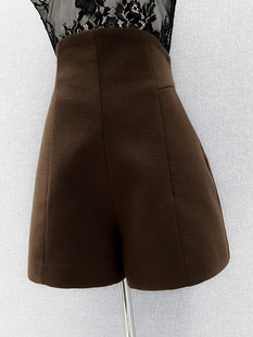 黑色加厚休闲裤 拉链通勤阔腿裤 女春秋外穿 高腰显瘦毛呢短裤