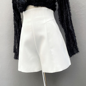 料 高腰拉链口袋黑白阔腿裤 女春秋 显瘦百搭西装 薄料简约通勤短裤