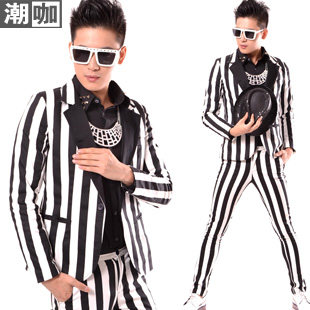 欧美 潮男装 宽条纹拼接 休闲西装 夜店潮男 韩版男装 演出服饰
