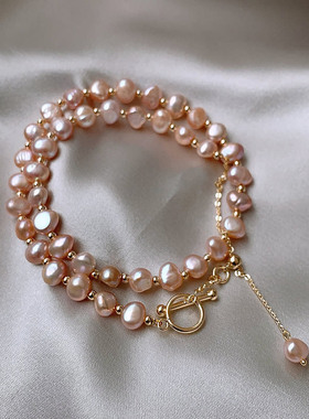 巴洛克淡水粉珍珠项链女OT扣抽拉可调节设计感锁骨链气质网红颈链