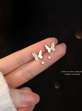 s999纯银法式复古蝴蝶耳钉女镶锆石轻奢高级感不对称设计小花耳饰