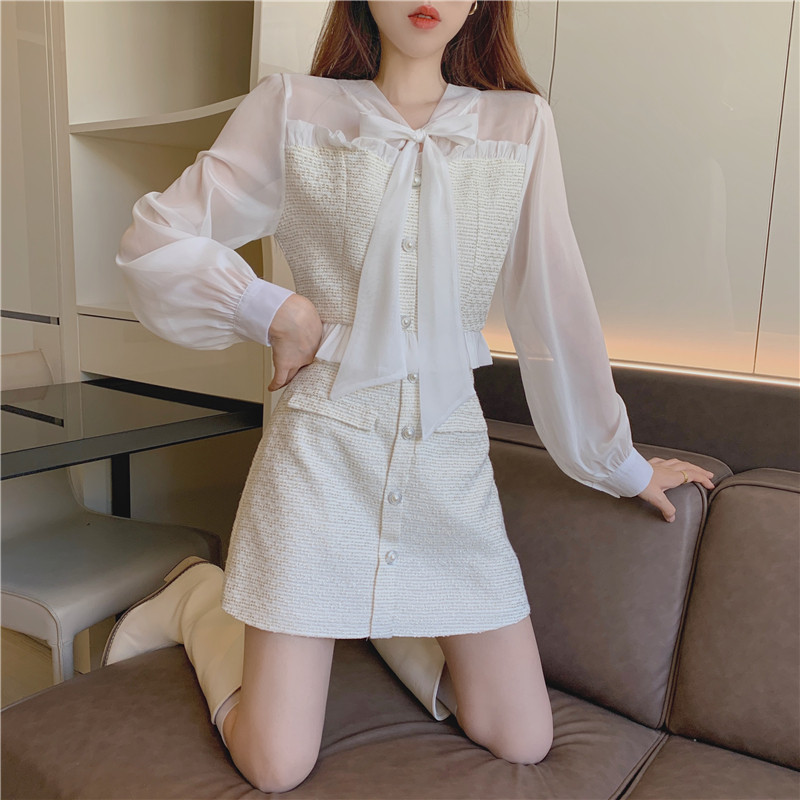Real shot real price celebrity temperament pop street fashion suit women's foreign style younger and thinner two piece dress Hepburn style short skirt