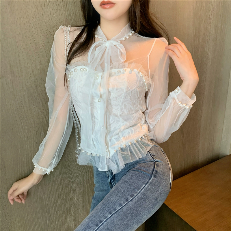 Real shot real price ~ French romantic pearl jewel bow neck net yarn hollow out long sleeve slim lace top girl