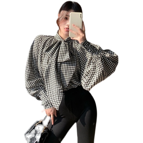 Real price thousand bird lattice Ribbon Shirt bandage bat sleeve bow knot loose and thin bottomed minority blouse