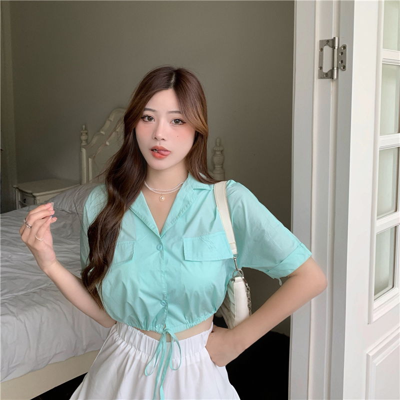 Real price solid color short open navel shirt Korean loose Lapel short sleeve drawstring shirt versatile thin top