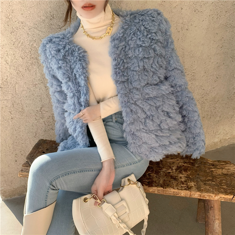 Real shot real price fluffy wool coat temperament Plush coat thick cashmere top loose lamb wool top