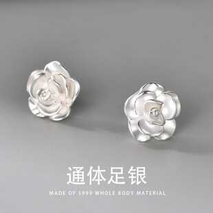 新款S999纯银山茶花耳钉不掉色耳环足银洗澡睡觉养耳洞耳饰抗过敏