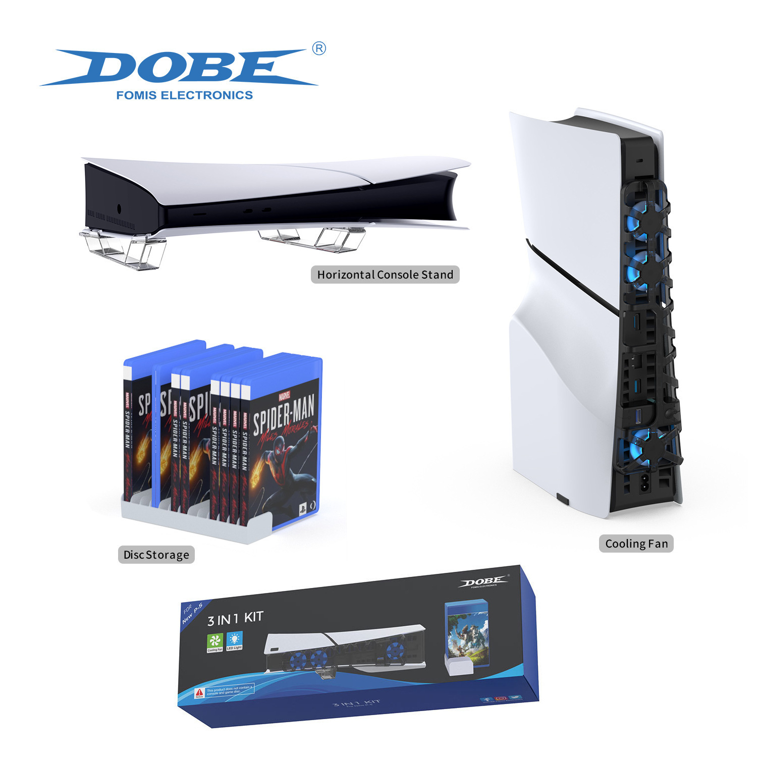 PS5slim主机散热风扇PS5slim横放支架带游戏卡盒收纳架三合一套装