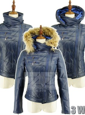 清库存赔甩 可拆帽可拆貉毛领 灰蓝色三穿 羊皮羽绒服 藏蓝色