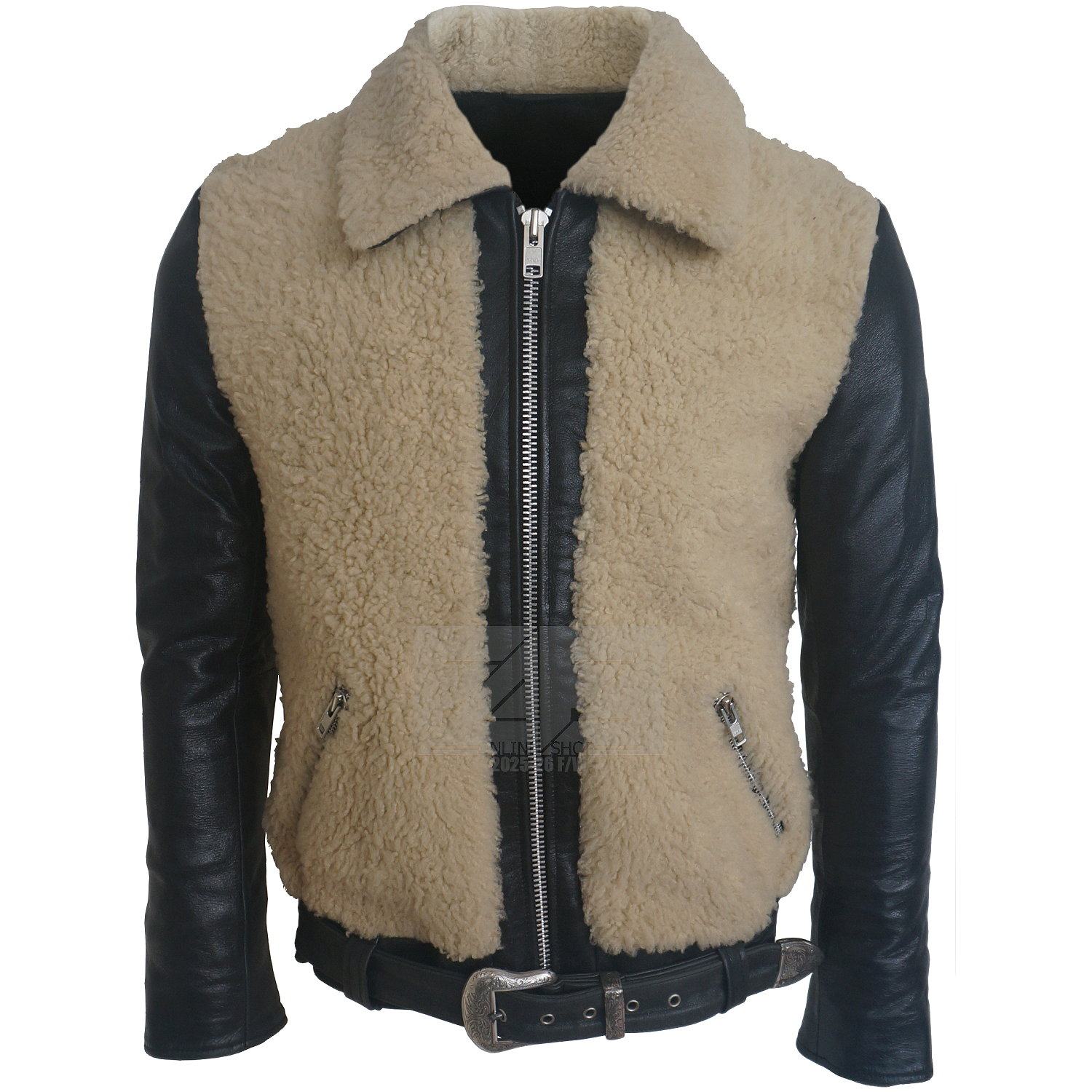 日单样品 奶白奶黄羊羔毛皮毛一体油蜡胎牛皮袖唐草雕刻皮带 皮衣