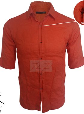 日单外贸 暗黑雅痞 纯麻 亚麻 半袖衬衣 五分袖 橘红色 桔红 橙色