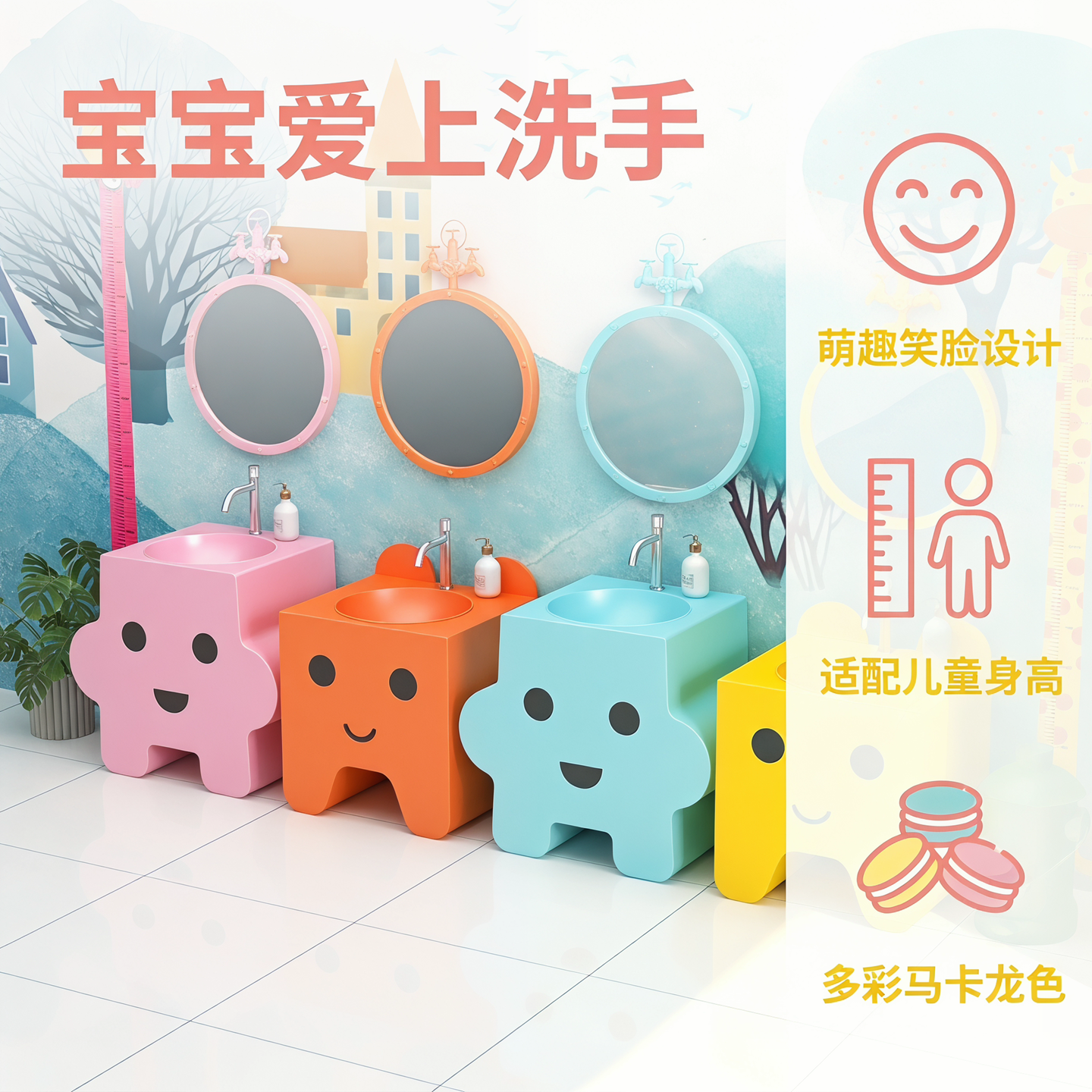 卡通笑脸儿童洗手台组合萌趣马卡龙色幼儿立柱洗手盆卫生间盥洗台
