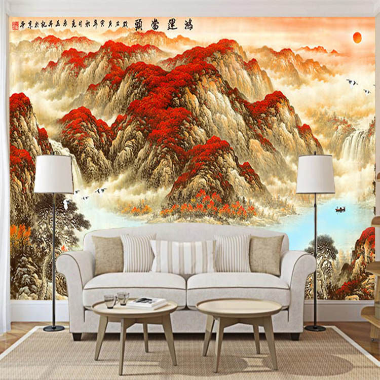 鸿运当头壁画中式办公室山水风景定制壁画