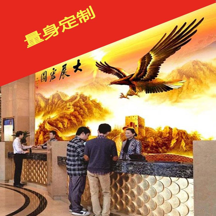 金色万里长城背景墙大气酒店大厅定制壁画