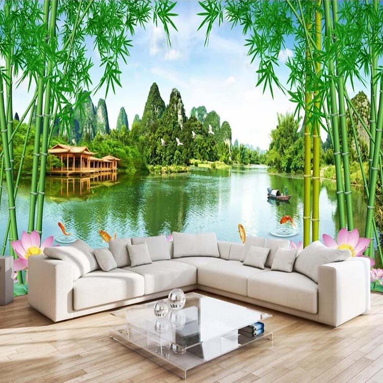 桂林山水风景墙纸现代简约客厅电视背景墙壁纸3d立体漓江巨幅壁画