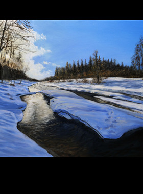 50手绘油画风景树阳光雪景冰河