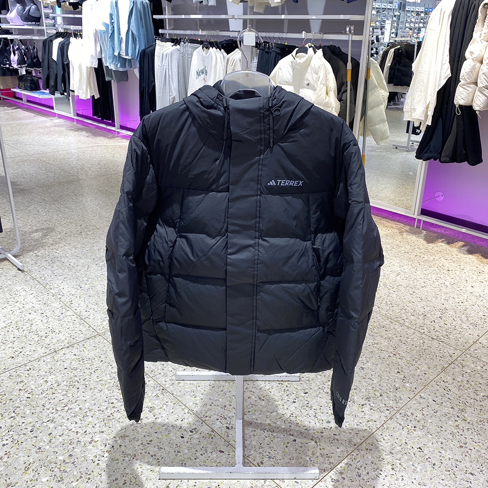 Adidas阿迪达斯男子加厚鹅绒外套休闲保暖连帽黑色羽绒服IX7924