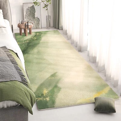 仿羊绒长条床边地毯绿色侘寂客厅地毯羊羔绒卧室床前沙发毯飘窗地